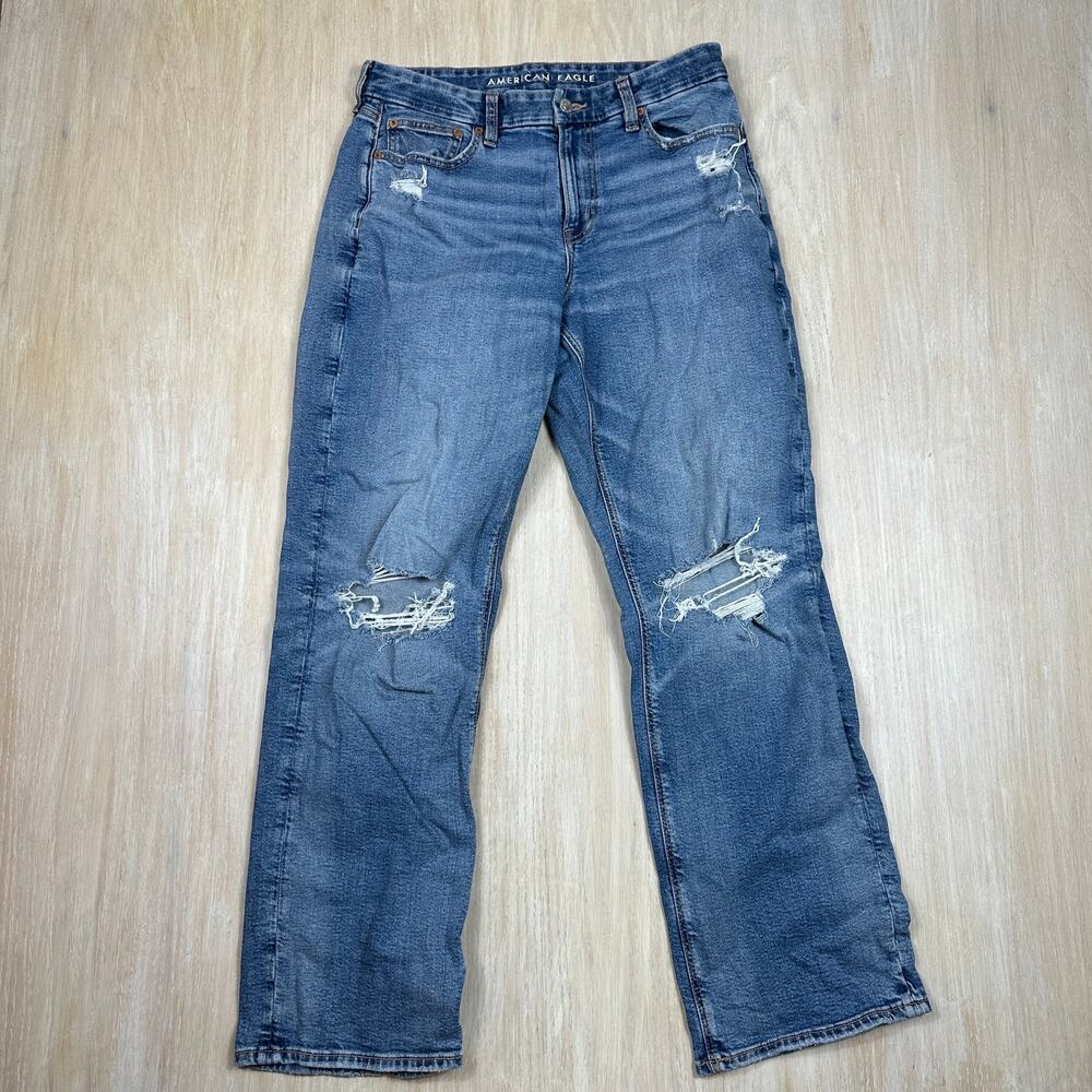 American Eagle Curvy Straight High Rise Distressed Stretch Blue Jeans 10 Regular
